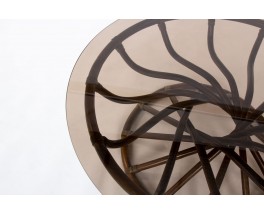 Table basse Bernard Govin modèle rond en bambou et verre édition Eguizier 1976