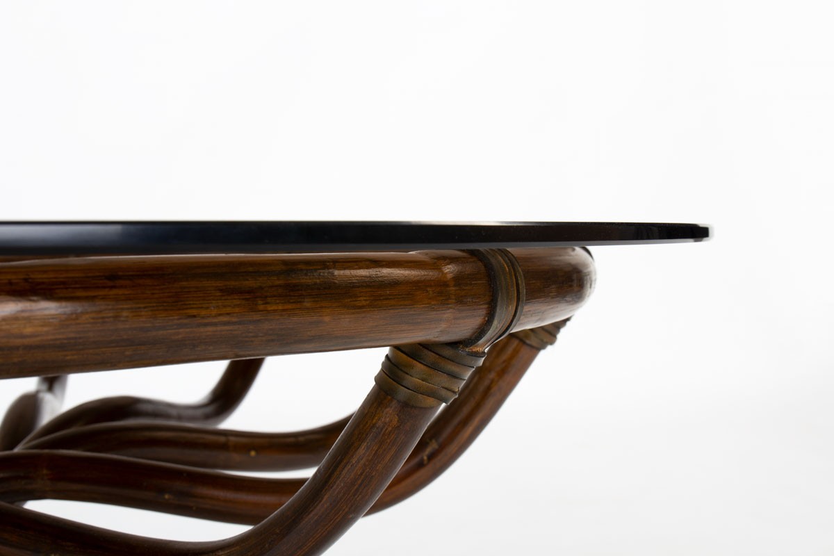 Table basse Bernard Govin modèle rond en bambou et verre édition Eguizier 1976