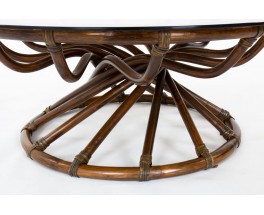 Table basse Bernard Govin modèle rond en bambou et verre édition Eguizier 1976
