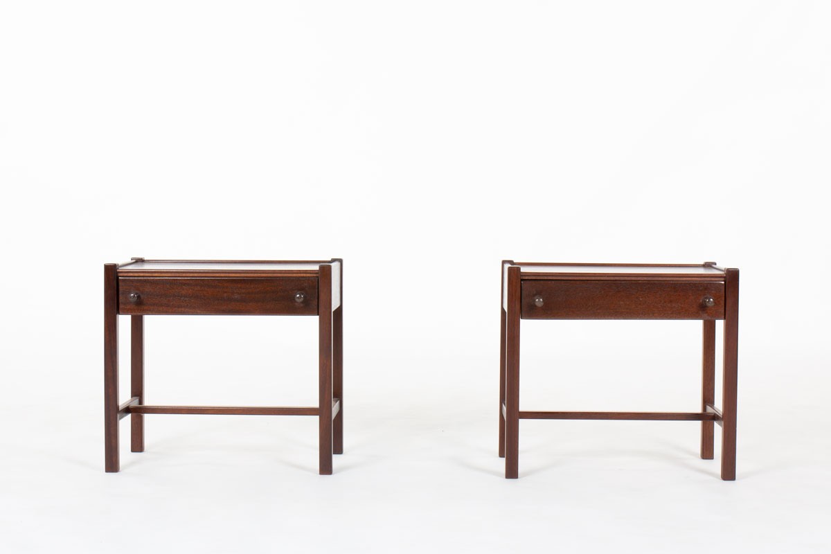 Pair of vintage mahogany bedside tables by Jacques Hauville for Roche Bobois, France 1950s