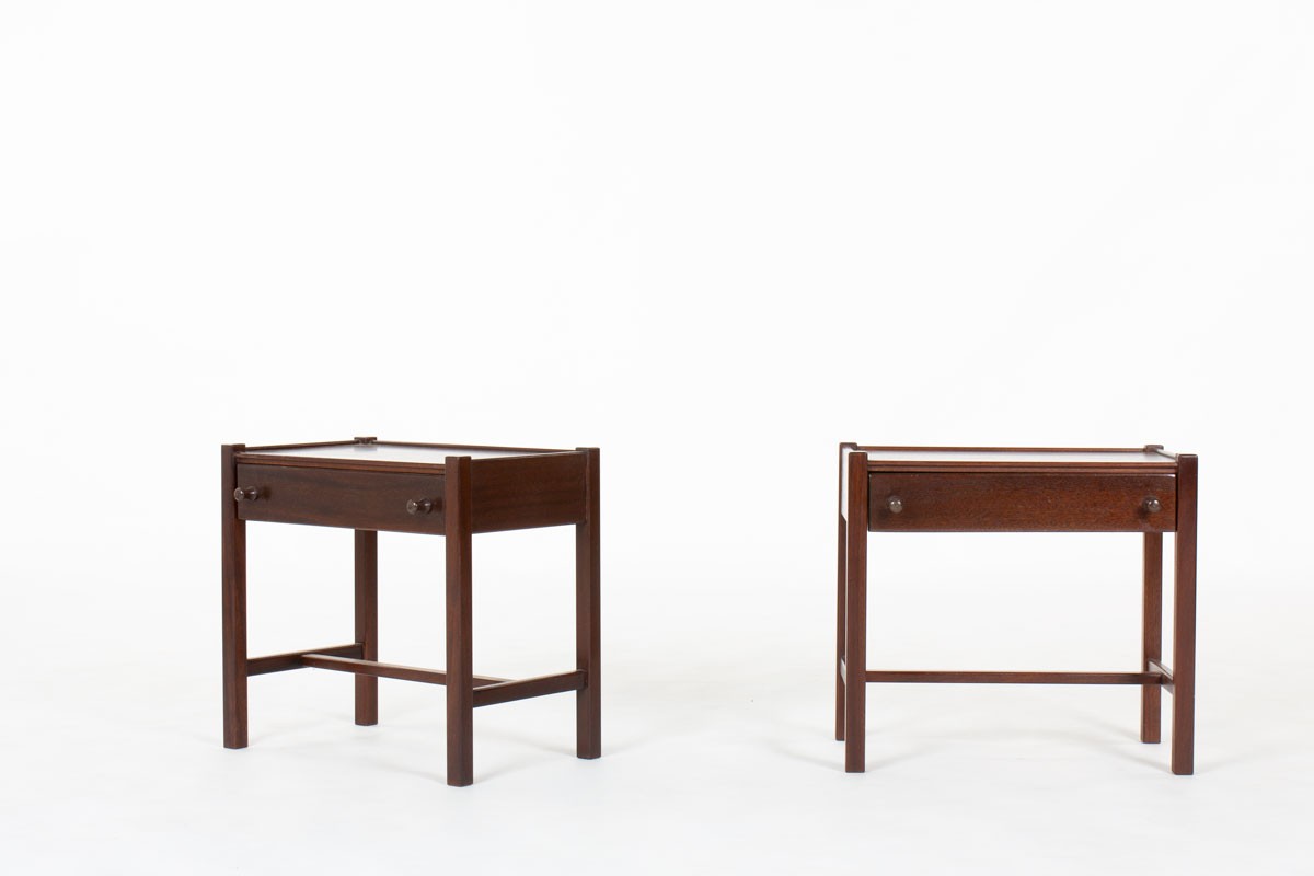 Pair of vintage mahogany bedside tables by Jacques Hauville for Roche Bobois, France 1950s