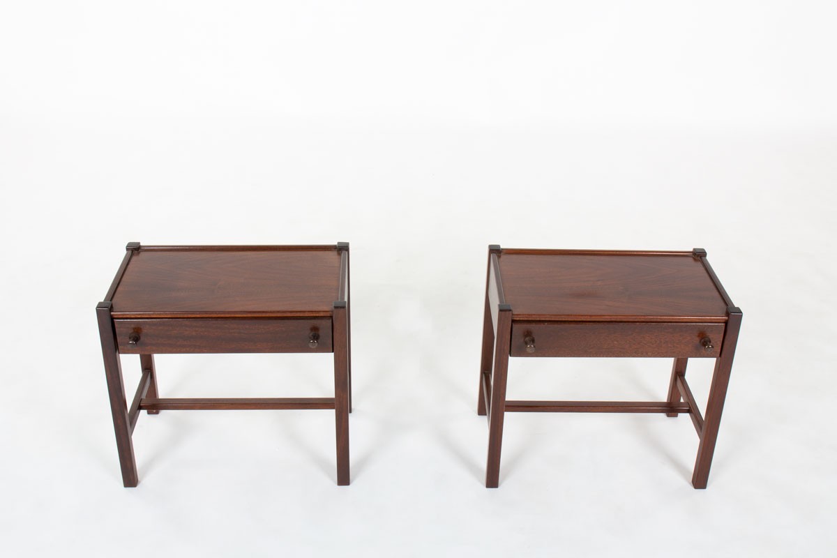 Pair of vintage mahogany bedside tables by Jacques Hauville for Roche Bobois, France 1950s