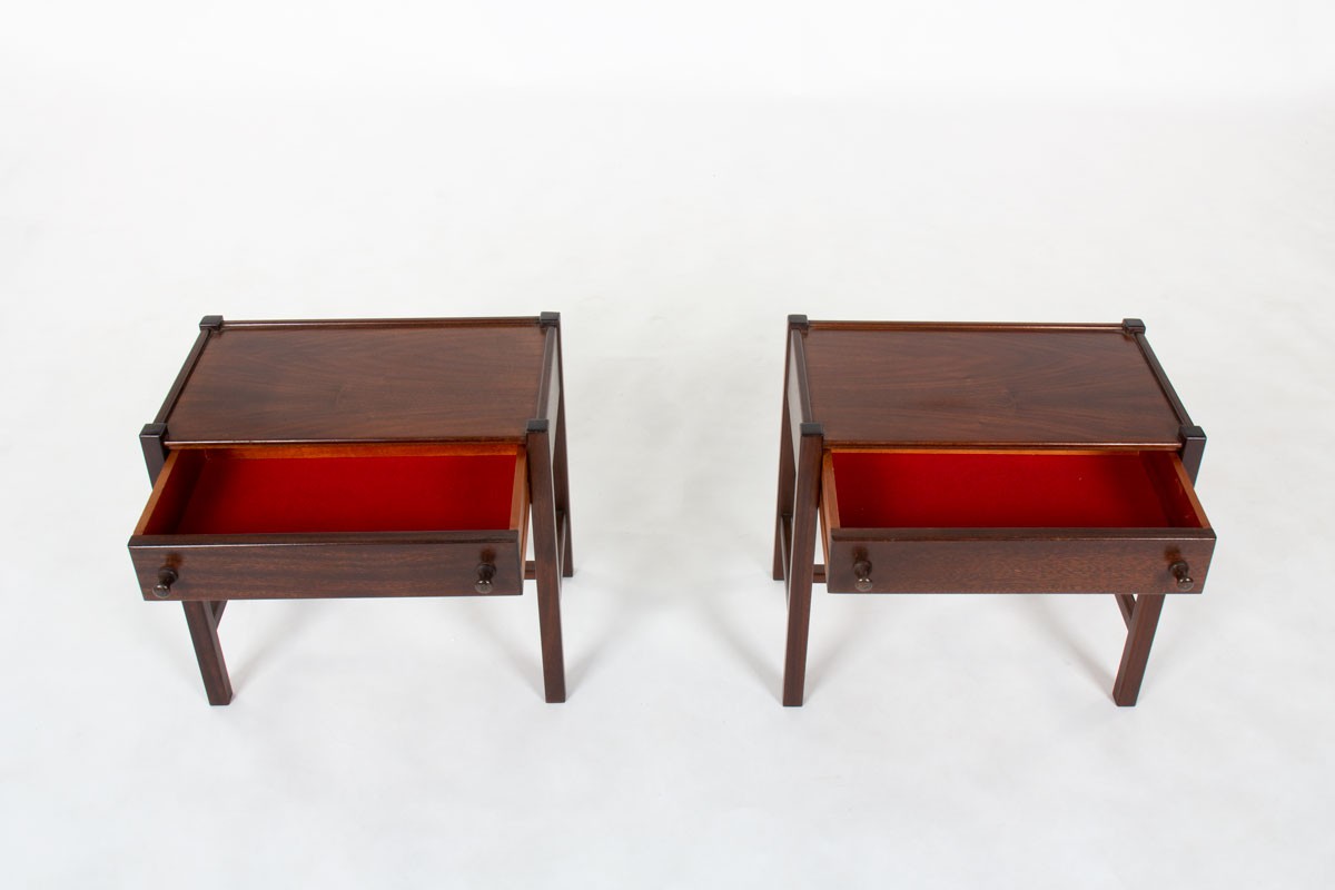 Pair of vintage mahogany bedside tables by Jacques Hauville for Roche Bobois, France 1950s