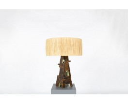 Lamp in green ceramic and raffia lampshade 1960