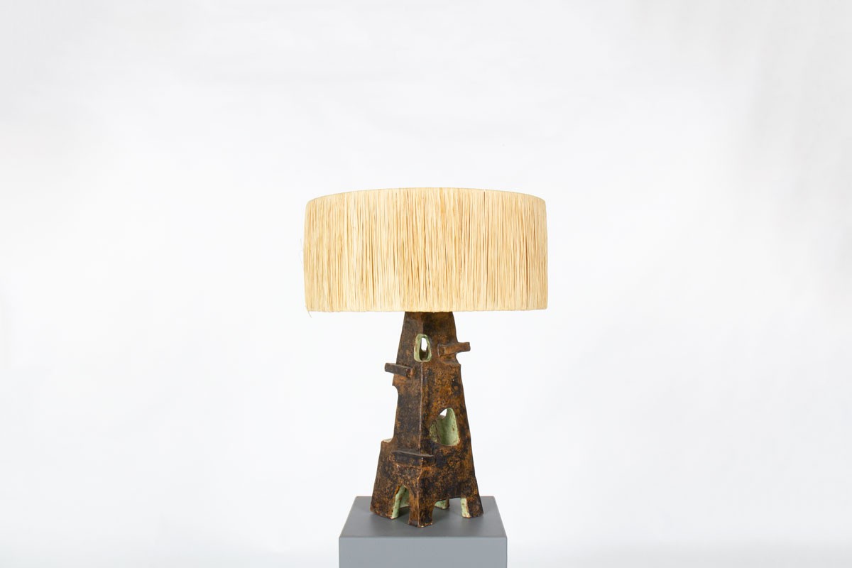 Lampe en céramique verte et abat-jour raphia 1960