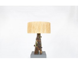 Lamp in green ceramic and raffia lampshade 1960