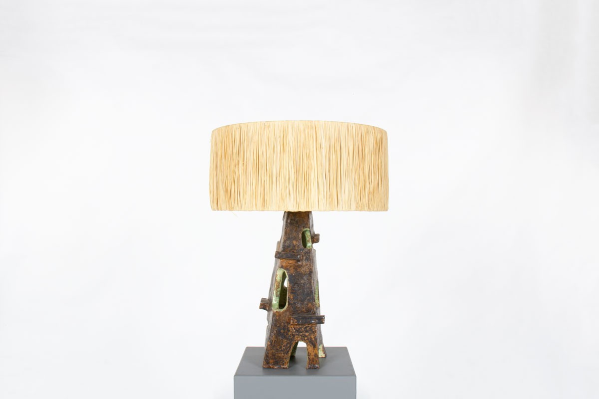 Lampe en céramique verte et abat-jour raphia 1960