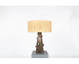 Lamp in green ceramic and raffia lampshade 1960