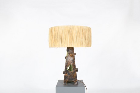 Lamp in green ceramic and raffia lampshade 1960