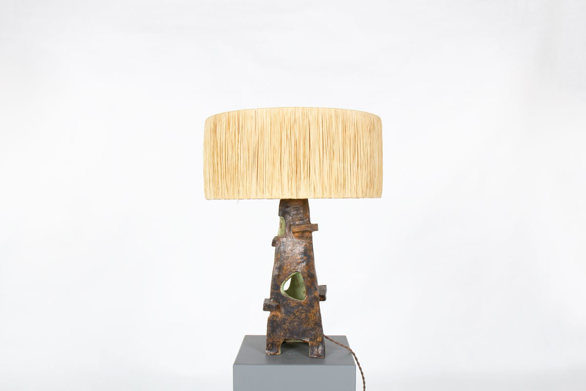 Lampe en céramique verte et abat-jour raphia 1960