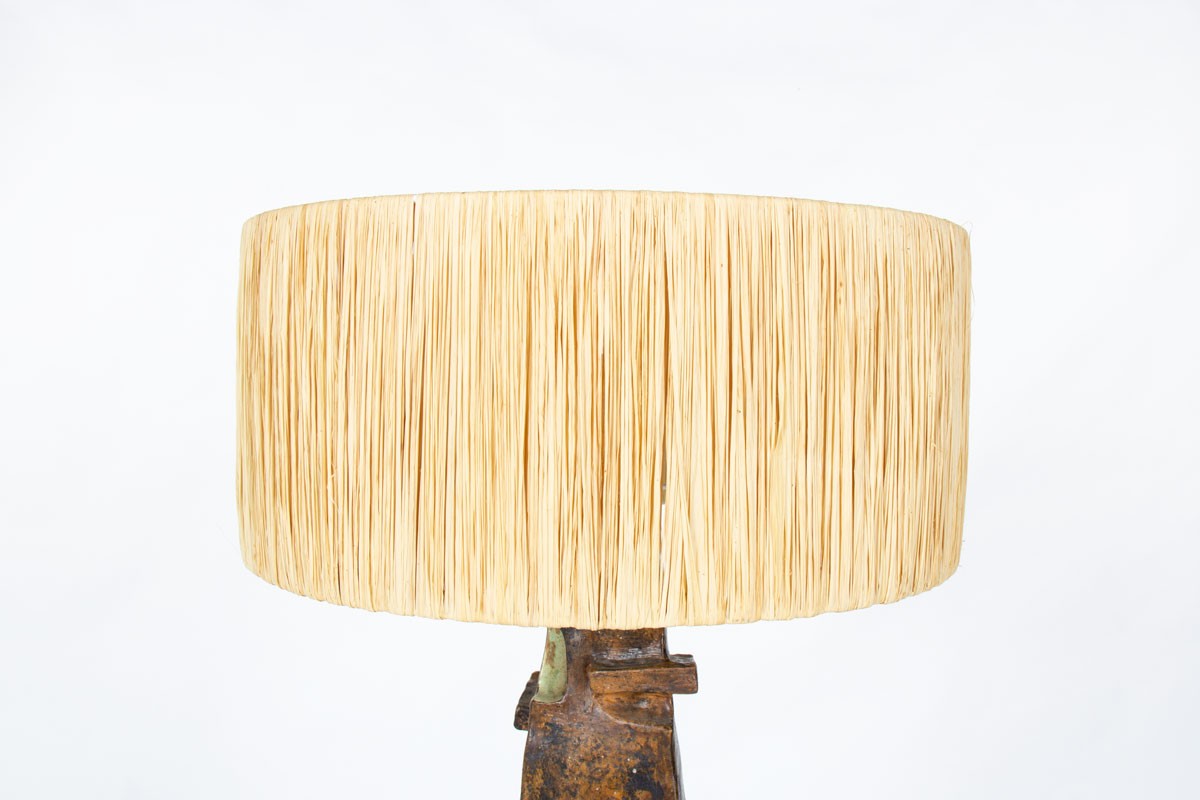 Lampe en céramique verte et abat-jour raphia 1960