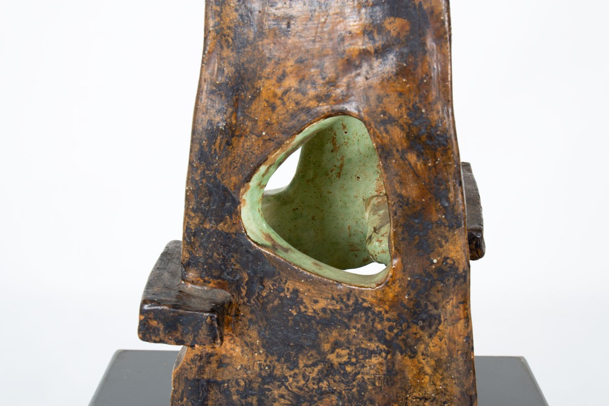 Lampe en céramique verte et abat-jour raphia 1960