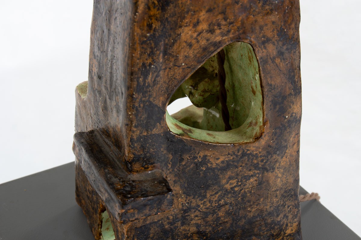 Lampe en céramique verte et abat-jour raphia 1960