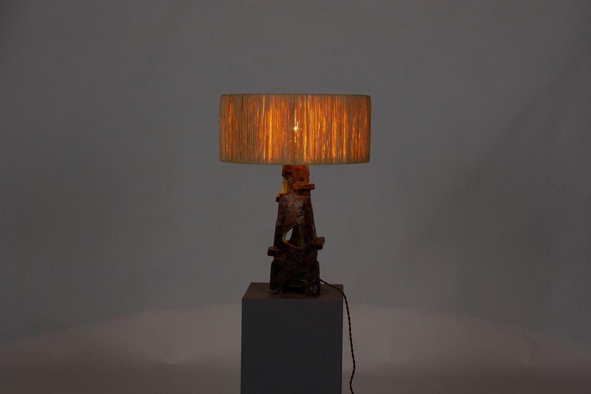 Lampe en céramique verte et abat-jour raphia 1960