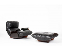 Michel Ducaroy armchair and footrest model Marsala in black leather edition Ligne Roset 1970