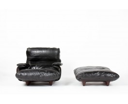 Michel Ducaroy armchair and footrest model Marsala in black leather edition Ligne Roset 1970