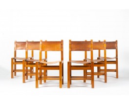 Chaises en orme et cuir édition Maison Regain 1980 set de 6
