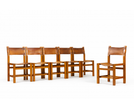 Chaises en orme et cuir édition Maison Regain 1980 set de 6