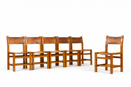 Chaises en orme et cuir édition Maison Regain 1980 set de 6