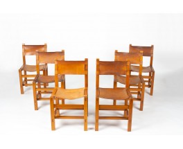 Chaises en orme et cuir édition Maison Regain 1980 set de 6