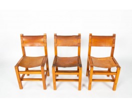 Chairs in elm and leather edition Maison Regain 1980 set of 6