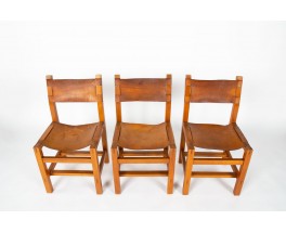 Chaises en orme et cuir édition Maison Regain 1980 set de 6