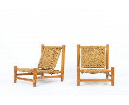 Audoux Minet low chairs wood and rope edition Vibo Vesoul 1950 set of 2