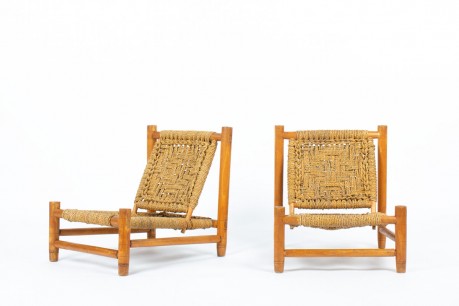 Audoux Minet low chairs wood and rope edition Vibo Vesoul 1950 set of 2