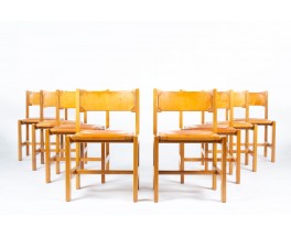 Chaises en orme et cuir édition Maison Regain 1980 set de 8