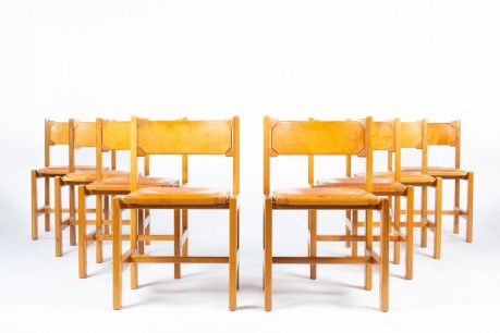 Chairs in elm and leather edition Maison Regain 1980 set of 8