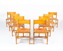 Chaises en orme et cuir édition Maison Regain 1980 set de 8