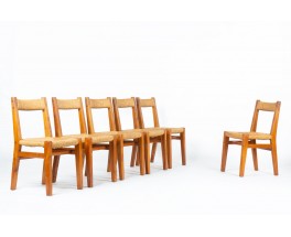 Set of 6 Elm and Straw Chairs by Charles Flandre – Vintage French Design
