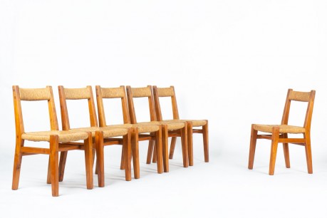 Set of 6 Elm and Straw Chairs by Charles Flandre – Vintage French Design