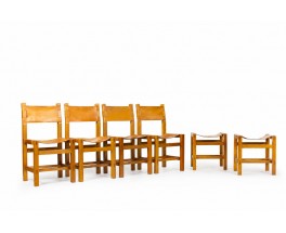 Chairs in elm and leather edition Maison Regain 1980 set of 6