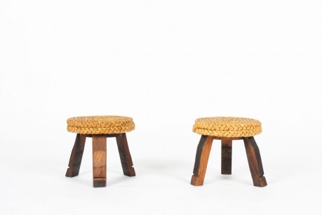 Audoux Minet tripod stools in braided raffia 1950 set of 2