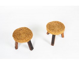 Audoux Minet tripod stools in braided raffia 1950 set of 2