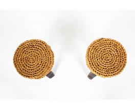 Tabourets tripodes Audoux Minet en raphia tressé 1950 set de 2