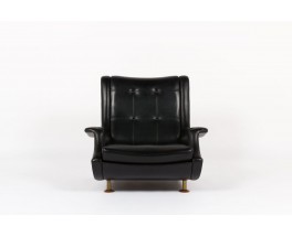 Fauteuil Marco Zanuso modele Regent en skai noir pieds bois edition Arflex 1960