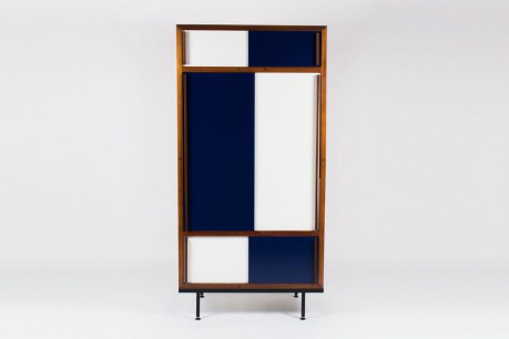Armoire Andre Sornay en acajou et laque blanche et bleu 1950