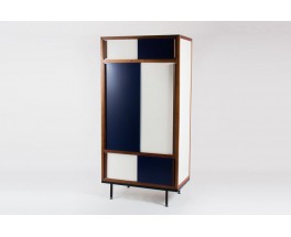 Armoire Andre Sornay en acajou et laque blanche et bleu 1950