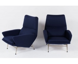 Fauteuils Guy Besnard tissu bleu edition Guy Besnard & Cie 1960 set de 2