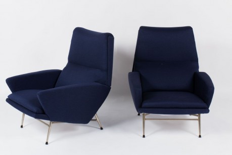 Fauteuils Guy Besnard tissu bleu edition Guy Besnard & Cie 1960 set de 2
