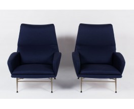 Fauteuils Guy Besnard tissu bleu edition Guy Besnard & Cie 1960 set de 2