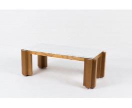 Table basse rectangulaire en frene massif et marbre de Carrare blanc 1950