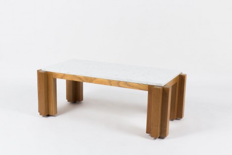 Table basse rectangulaire en frene massif et marbre de Carrare blanc 1950