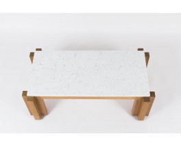 Table basse rectangulaire en frene massif et marbre de Carrare blanc 1950