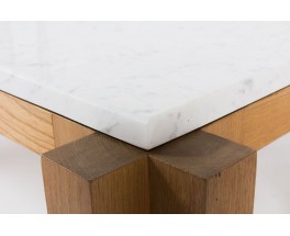 Table basse rectangulaire en frene massif et marbre de Carrare blanc 1950