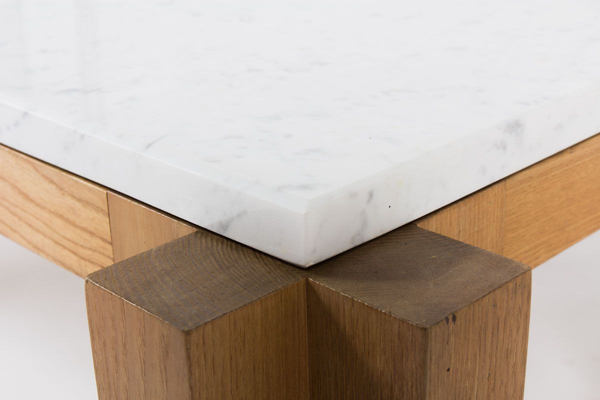 Table basse rectangulaire en frene massif et marbre de Carrare blanc 1950