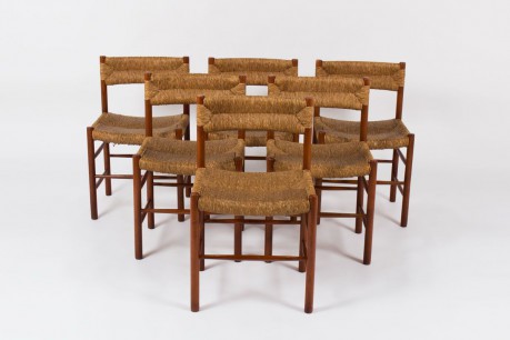 Chaises modele Dordogne en frene teinte et paille edition Sentou 1950 set de 6